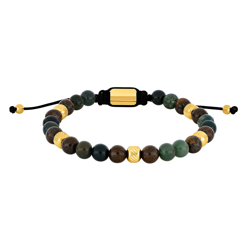 SON armbånd moss agate/ilmenite bronzitite og IP gold 8mm